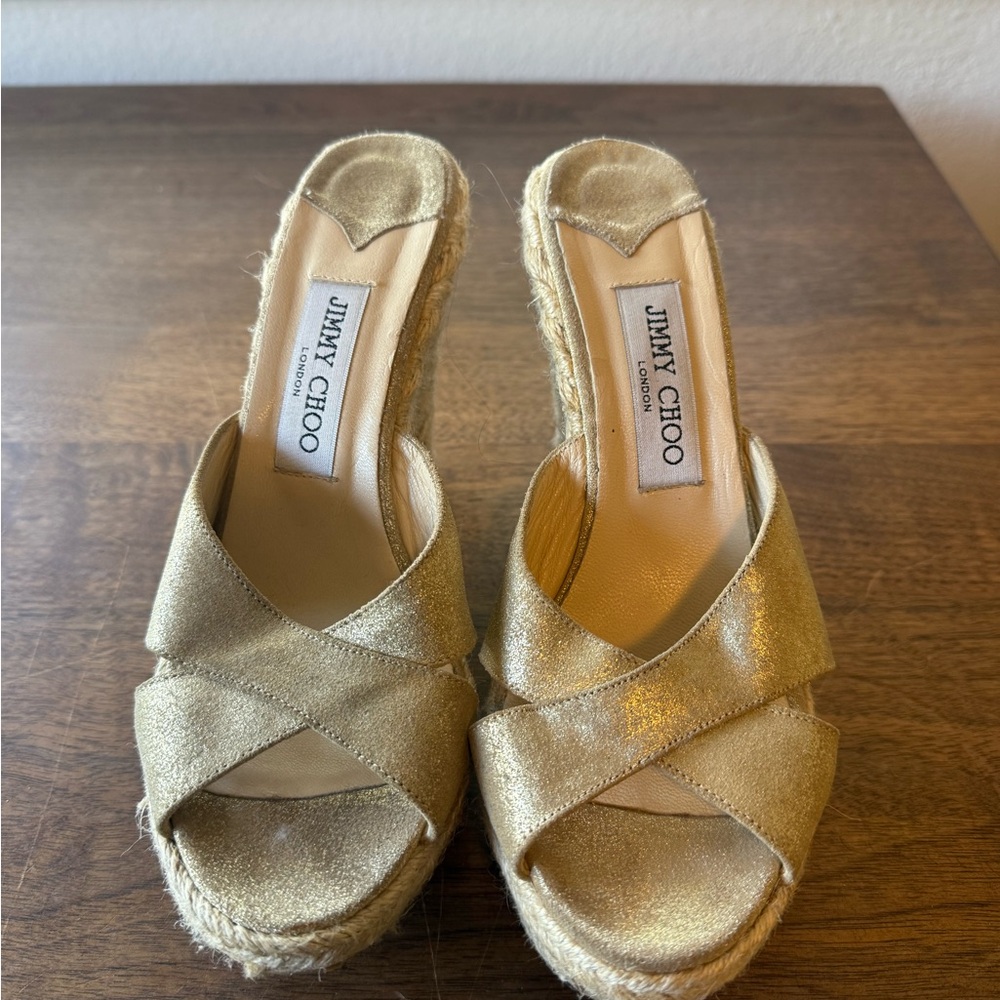 Jimmy Choo Metallic Gold Wedge Sandals